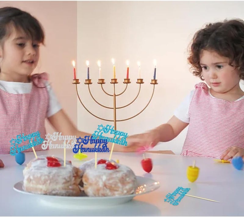 Moitkptt 24Pcs Happy Hanukkah Cupcake Toppers, Star of David Glitter Chanukkah Cupcake Toppers for Hanukkah Party Decorations Lighting Chanukkah Theme Party Supplies (happy) - Image 5